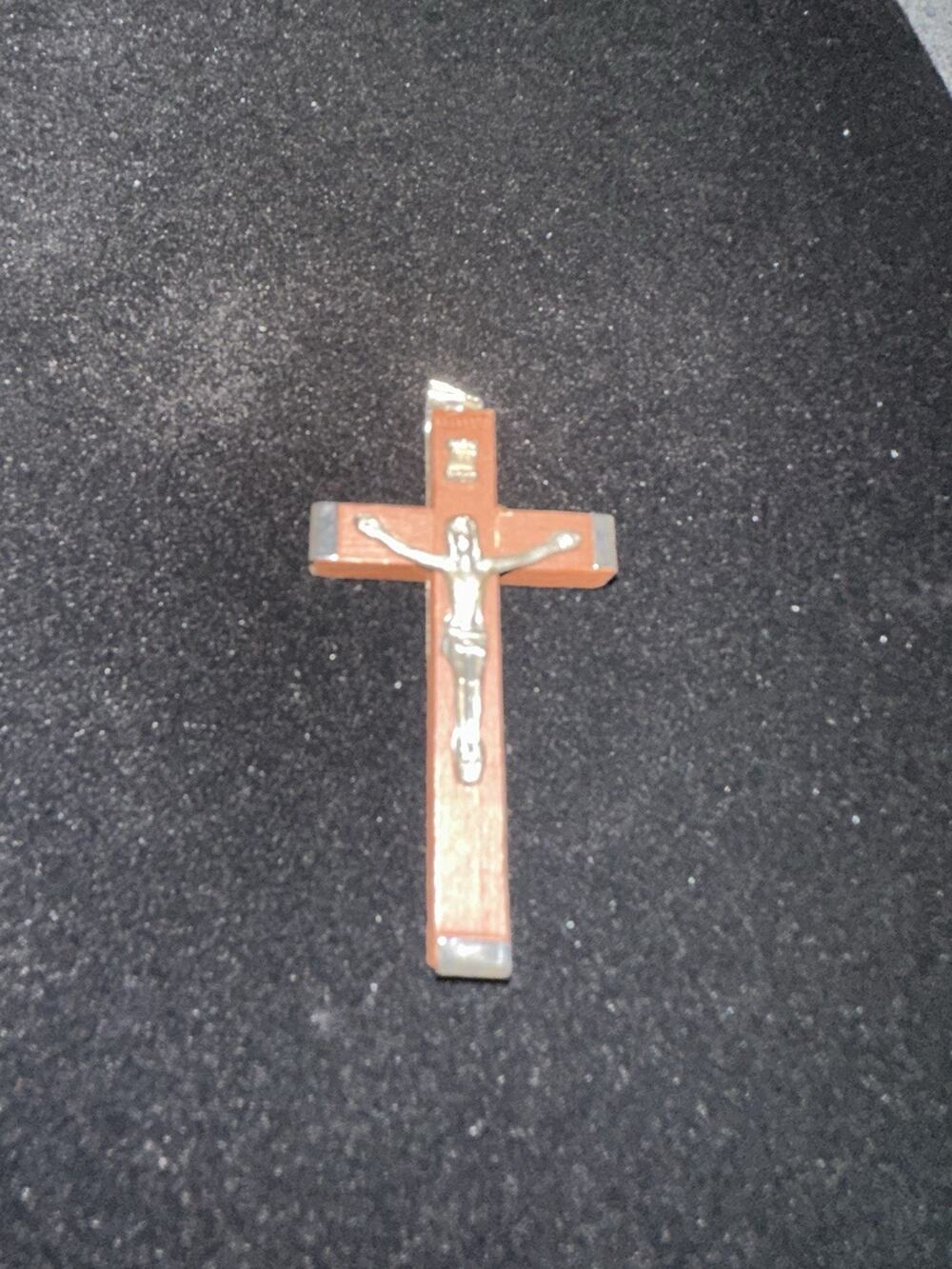 Vintage Crucifix Pendant Brown Cross Silver Tone Jesus Catholic Necklace 2.5”